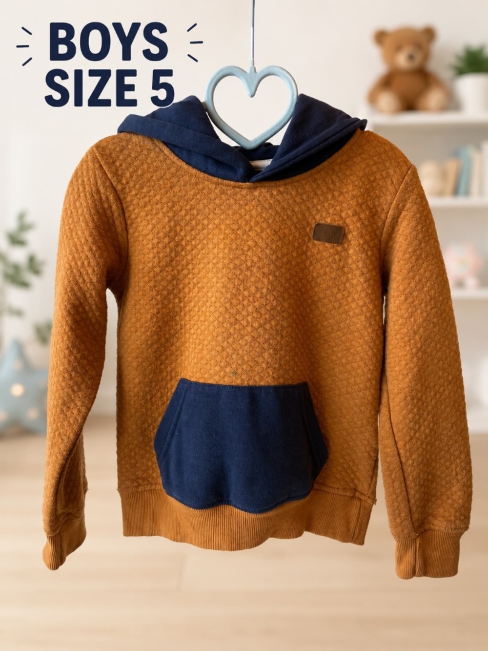 Weatherproof Vintage Boys Quilted Hoodie Size 5 Brown Navy Pullover